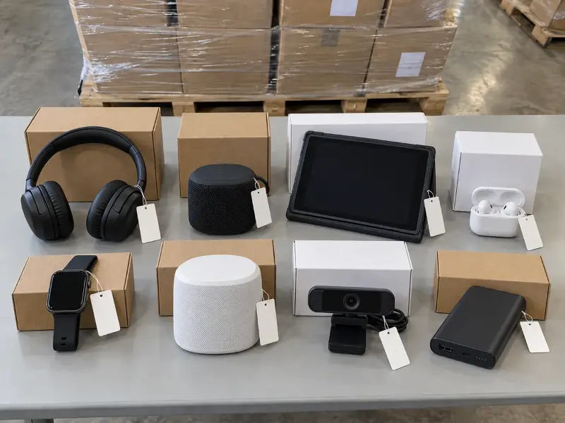 Returned headphones, a speaker, a tablet, earbuds and a router with plain boxes on a warehouse table