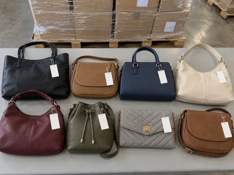 Eight women's handbags in black, tan, navy, cream, burgundy, olive, grey and brown with blank retail tags on a warehouse table, pallets behind