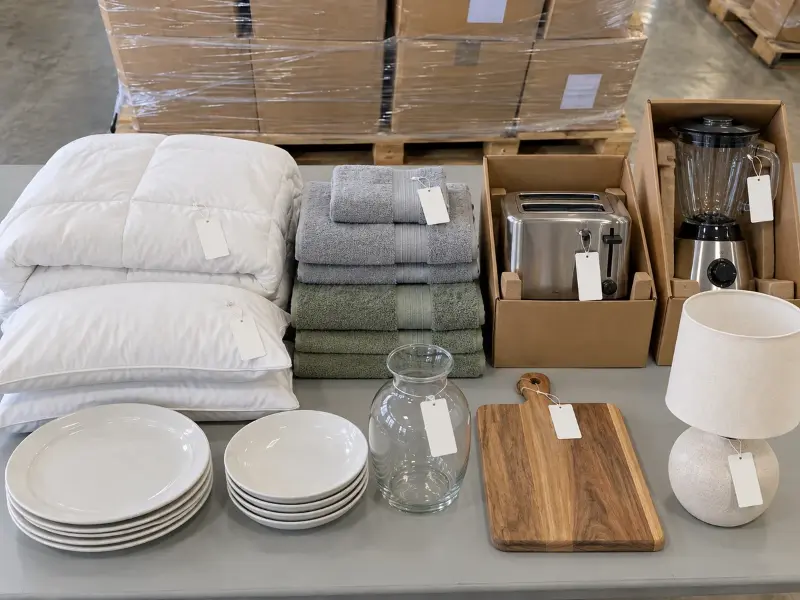 Folded bedding, towels, boxed small appliances, plates and a lamp from a liquidation lot on a warehouse table
