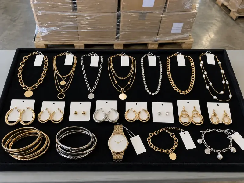 Gold-tone and silver-tone necklaces, hoop earrings on cards, bangles, a watch and bracelets with blank price tags on a black velvet tray, warehouse pallets behind