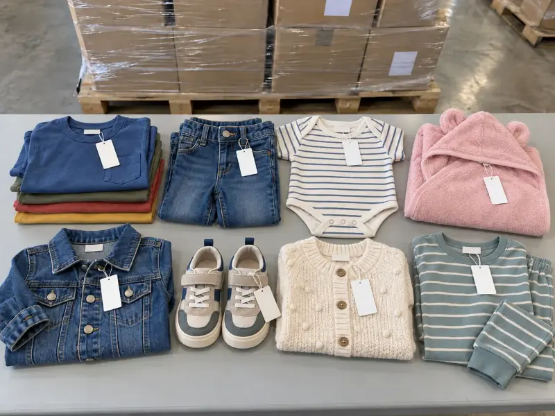 Folded children's t-shirts, toddler jeans, a onesie and small sneakers with blank retail tags on a warehouse table