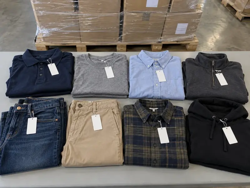 Folded men's polo, t-shirt, button-down, quarter-zip, jeans, chinos, flannel and hoodie with blank retail tags on a warehouse table, pallets behind