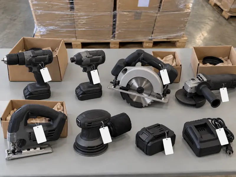 Returned cordless drill, impact driver, circular saw, angle grinder, jigsaw, orbital sander, battery and charger with blank tags beside open cartons on a warehouse table
