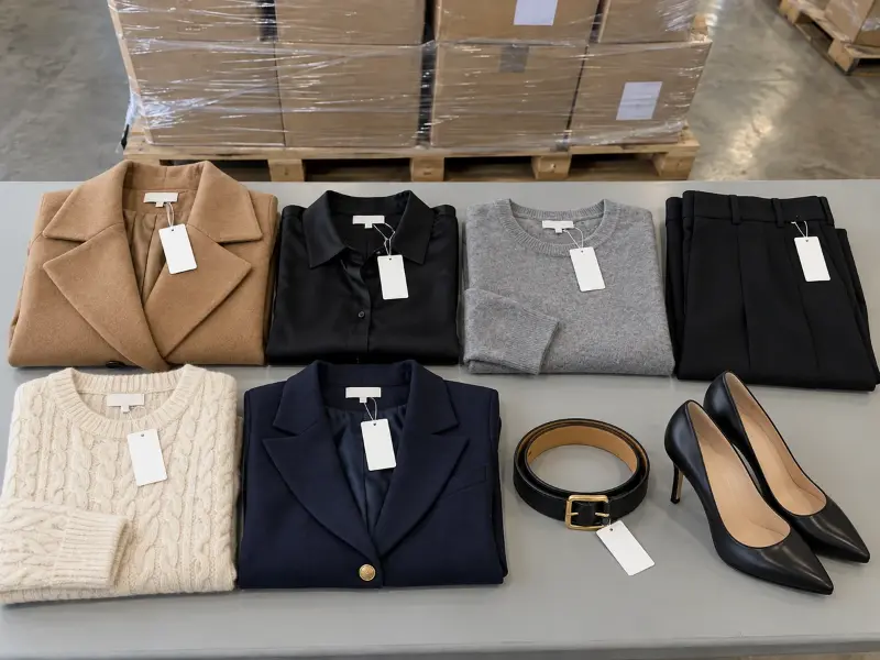 Folded women's camel coat, black silk blouse, grey cashmere sweater, black trousers, cream cable-knit, navy blazer, leather belt and black pumps with blank tags on a warehouse table