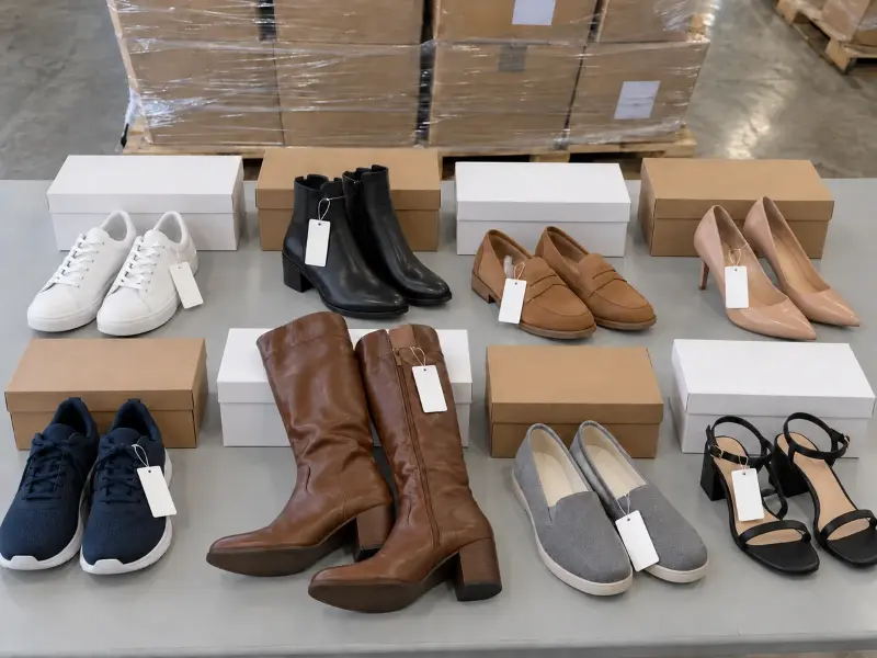 Eight pairs of returned women's shoes: white sneakers, black ankle boots, tan loafers, nude pumps, navy running shoes, brown knee-high boots, grey slip-ons and black sandals beside plain shoeboxes on a warehouse table
