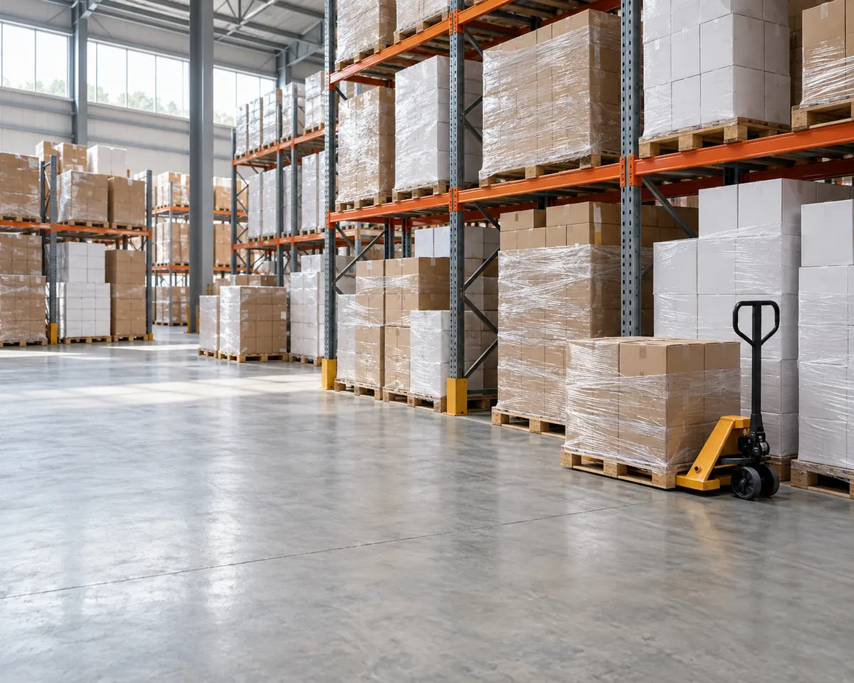 Shrink-wrapped pallets of liquidation cartons on racking in a warehouse, with a pallet jack in the aisle