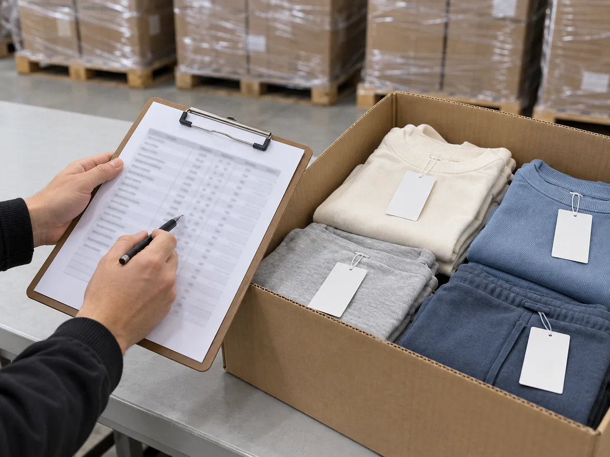Hands checking a printed manifest on a clipboard beside an open carton of folded, tagged apparel in a warehouse